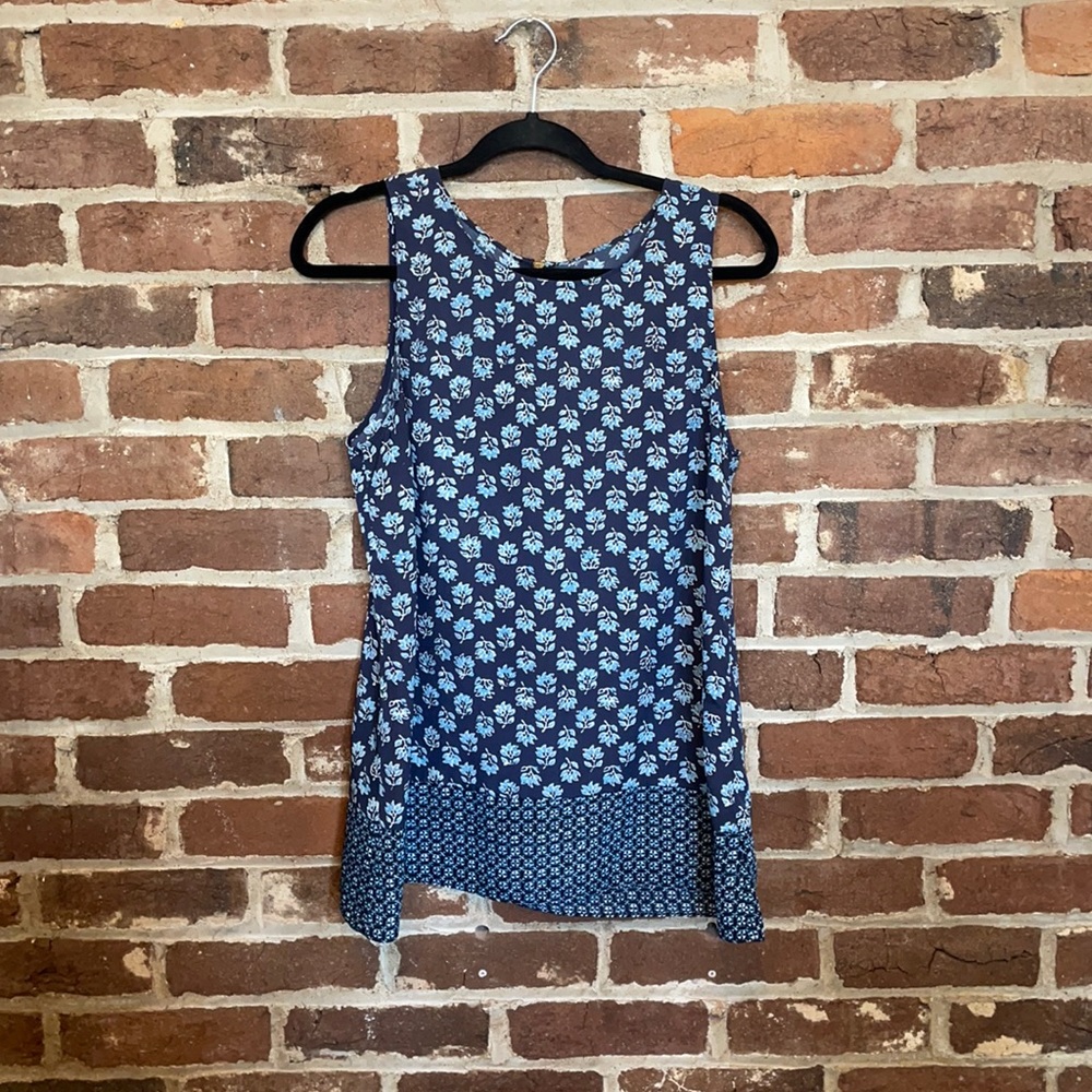 Michael Kors, blue patterned top, with zipper detail on back, size medium
